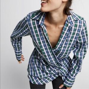 Zara Plaid Twist Front Blouse Green Blue Check Long Sleeve Size M